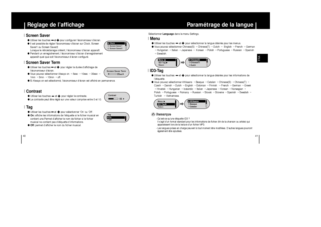 Samsung YP-F1X/ELS, YP-F1ZW/ELS, YP-F1XB/EDC, YP-F1XB/ELS, YP-F1Z/ELS, YP-F1ZW/EDC manual Paramétrage de la langue 