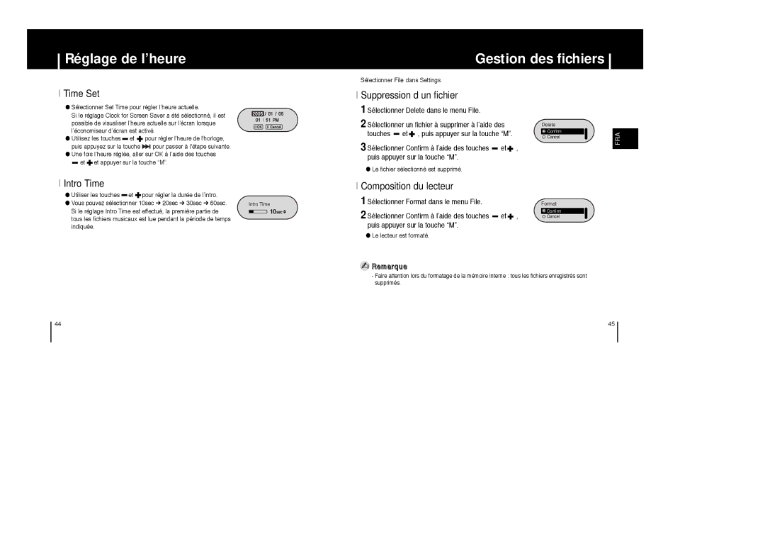 Samsung YP-F1ZW/EDC, YP-F1ZW/ELS Réglage de l’heure Gestion des fichiers, Time Set, Suppression d’un fichier, Intro Time 