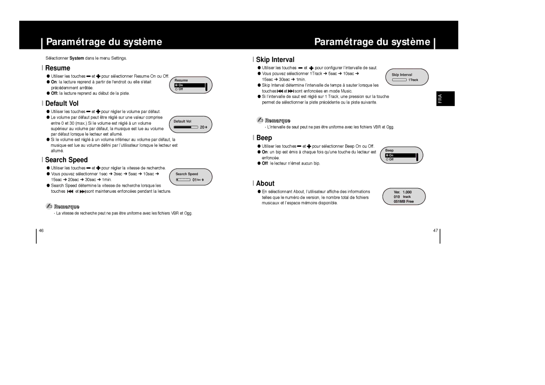 Samsung YP-F1ZW/ELS, YP-F1XB/EDC, YP-F1XB/ELS, YP-F1X/ELS, YP-F1Z/ELS, YP-F1ZW/EDC manual Paramétrage du système 