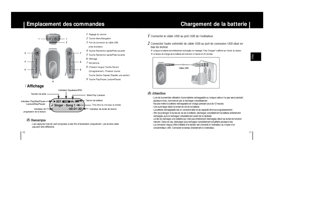 Samsung YP-F1ZW/ELS, YP-F1XB/EDC, YP-F1XB/ELS manual Emplacement des commandes Chargement de la batterie, Affichage, Remarque 