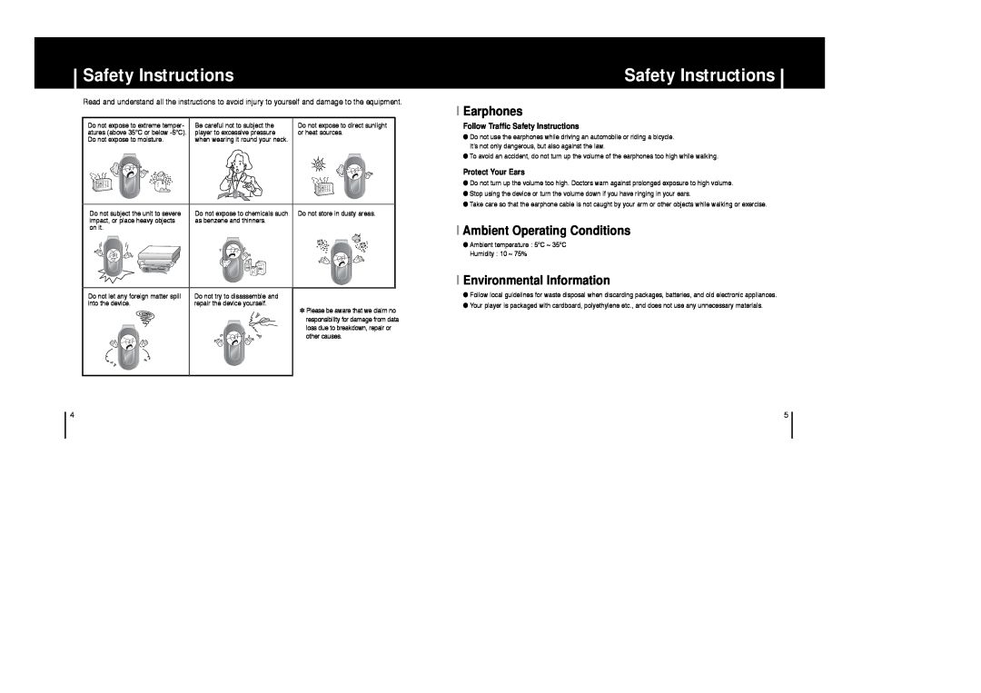 Samsung YP-F1X/ELS manual Safety Instructions, I Earphones, I Ambient Operating Conditions, I Environmental Information 