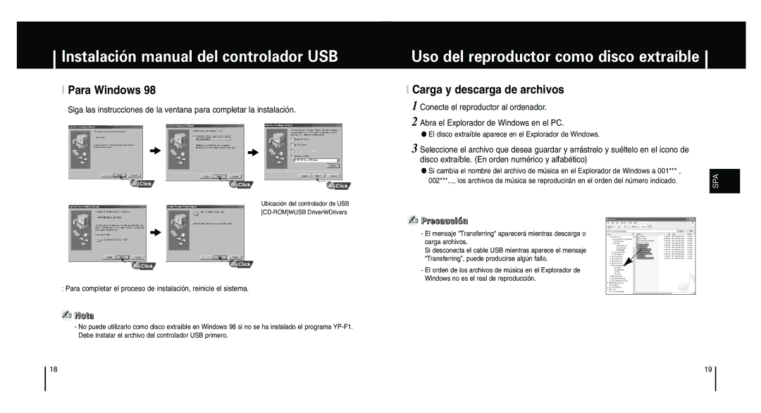 Samsung YP-F1XB/ELS, YP-F1ZW/ELS, YP-F1XB/XEC manual Para Windows, Carga y descarga de archivos 