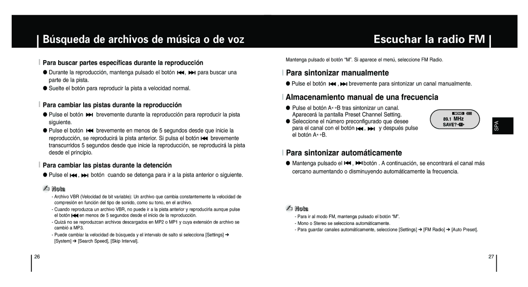 Samsung YP-F1XB/XEC Búsqueda de archivos de música o de voz, Escuchar la radio FM, Para sintonizar manualmente 