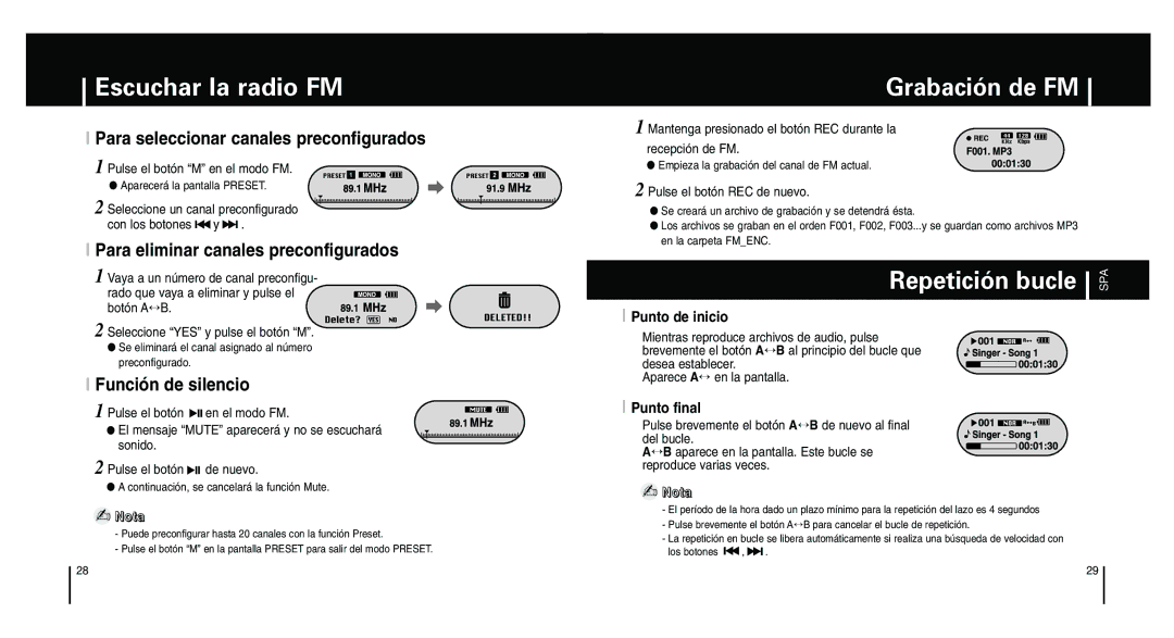 Samsung YP-F1ZW/ELS manual Grabación de FM, Repetición bucle, Para seleccionar canales preconfigurados, Función de silencio 