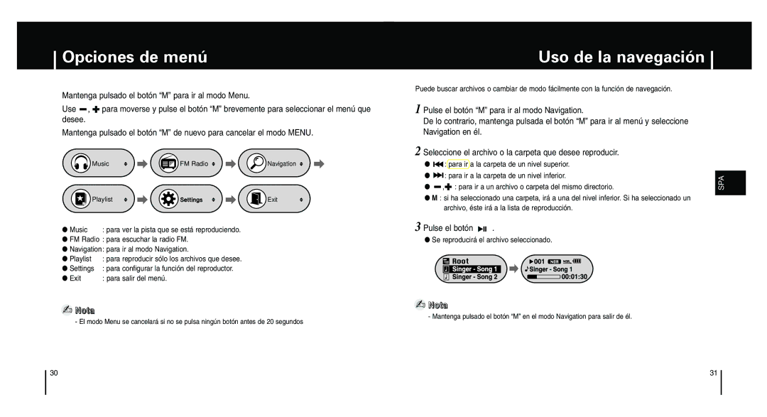 Samsung YP-F1XB/ELS, YP-F1ZW/ELS, YP-F1XB/XEC manual Opciones de menú, Uso de la navegación, Pulse el botón 