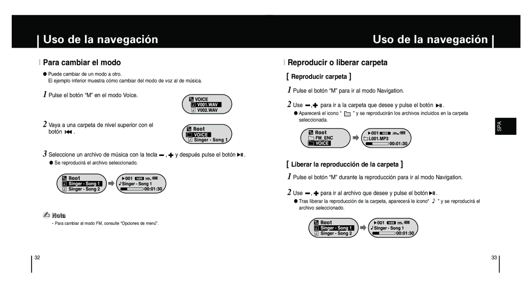 Samsung YP-F1XB/XEC, YP-F1ZW/ELS, YP-F1XB/ELS manual Para cambiar el modo, Reproducir o liberar carpeta, Reproducir carpeta 