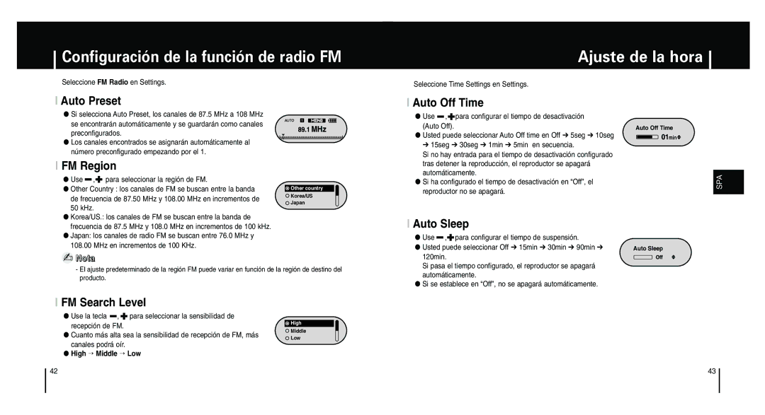 Samsung YP-F1XB/ELS, YP-F1ZW/ELS, YP-F1XB/XEC manual Configuración de la función de radio FM, Ajuste de la hora 