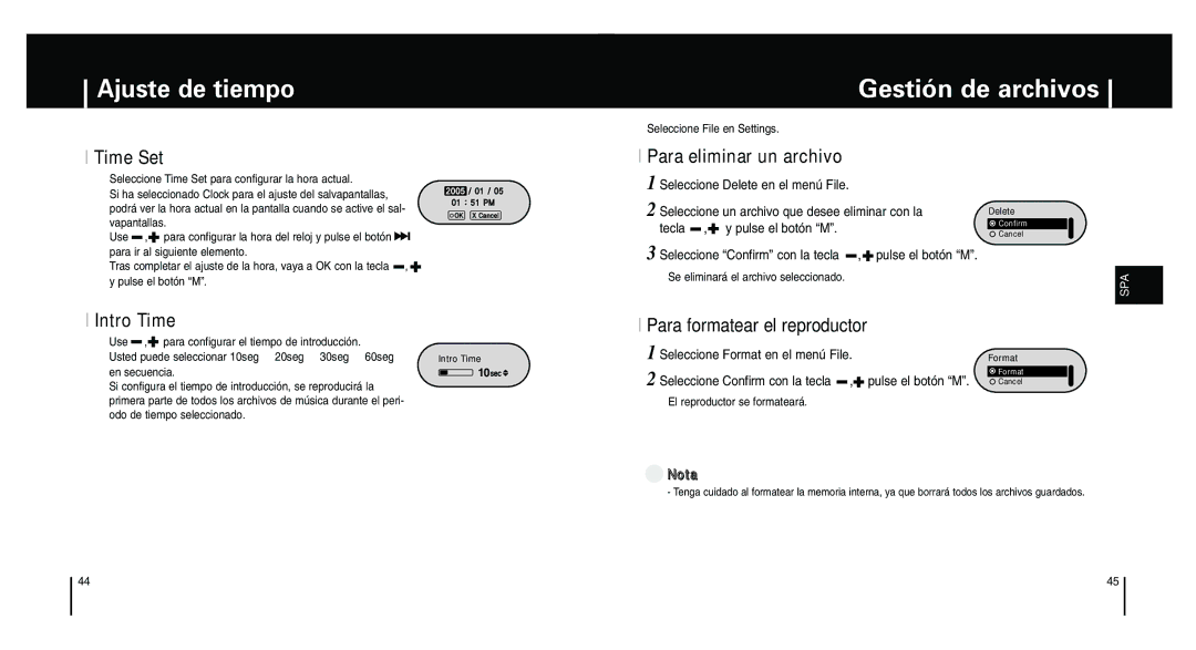 Samsung YP-F1XB/XEC, YP-F1ZW/ELS Ajuste de tiempo, Gestión de archivos, Time Set, Intro Time, Para eliminar un archivo 