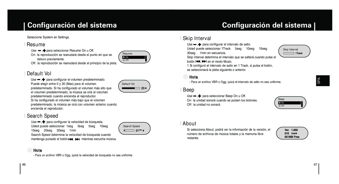 Samsung YP-F1ZW/ELS, YP-F1XB/ELS, YP-F1XB/XEC manual Configuración del sistema 