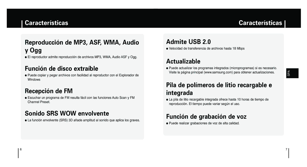 Samsung YP-F1XB/ELS, YP-F1ZW/ELS, YP-F1XB/XEC manual Características, Velocidad de transferencia de archivos hasta 18 Mbps 