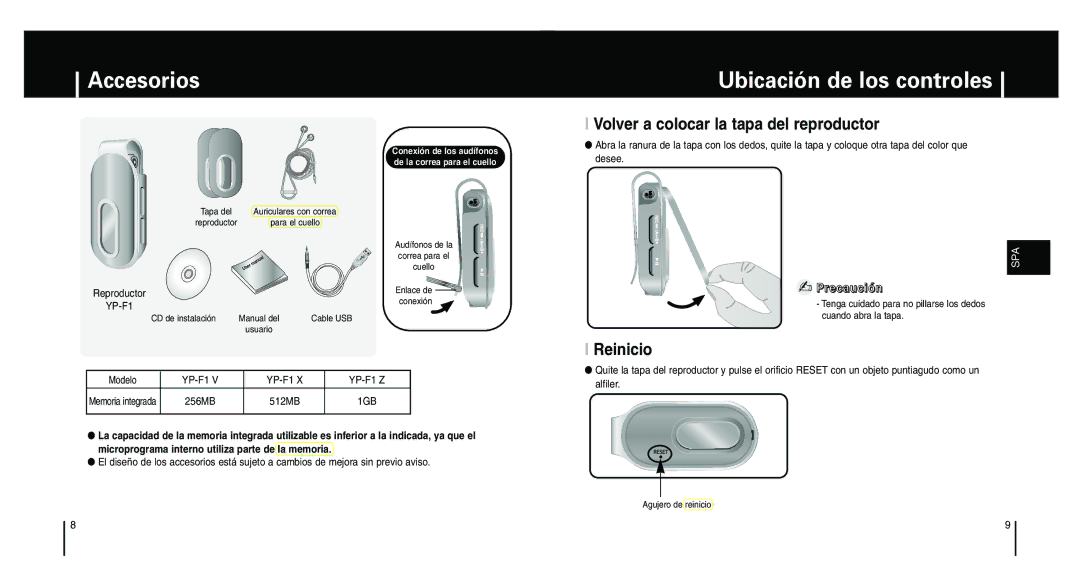 Samsung YP-F1XB/XEC Accesorios, Ubicación de los controles, Volver a colocar la tapa del reproductor, Reinicio, Precaución 