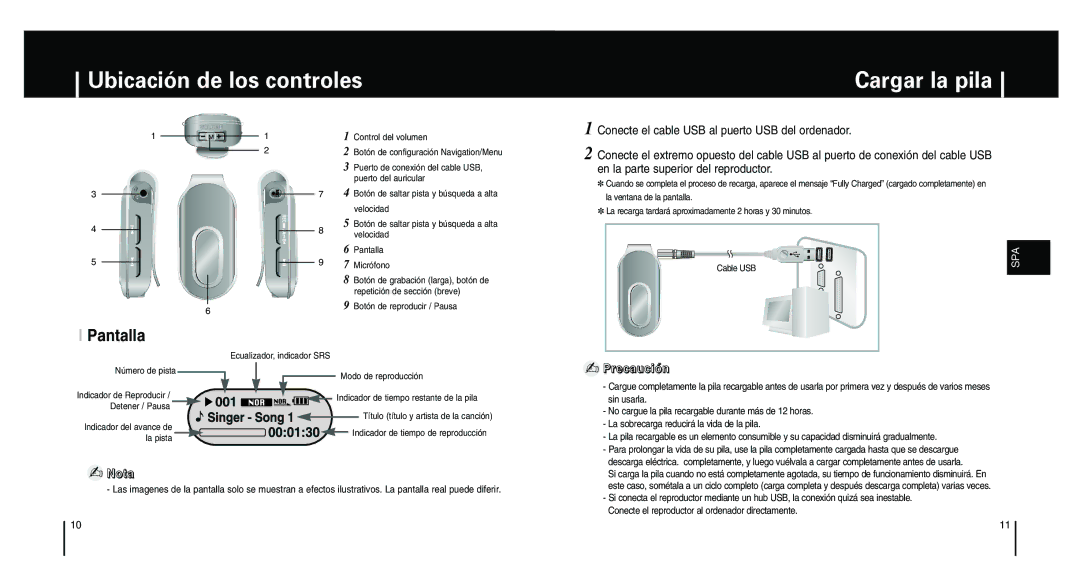 Samsung YP-F1ZW/ELS, YP-F1XB/ELS, YP-F1XB/XEC manual Ubicación de los controles Cargar la pila, Pantalla, Nota 