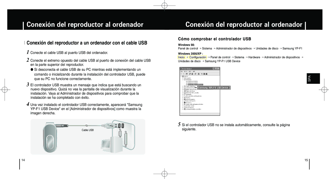 Samsung YP-F1XB/XEC manual Conexión del reproductor a un ordenador con el cable USB, Cómo comprobar el controlador USB 