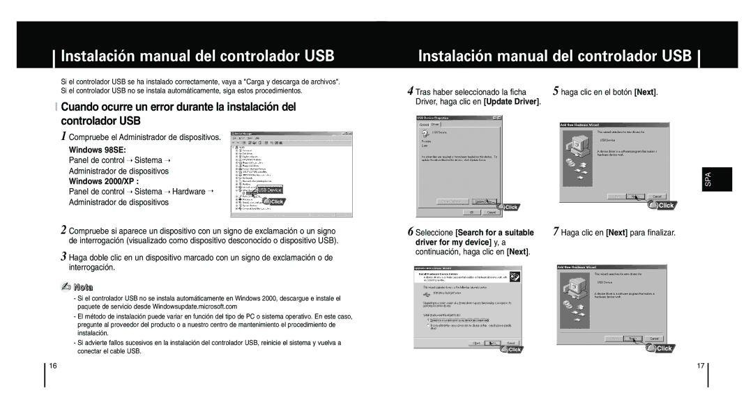 Samsung YP-F1ZW/ELS Instalación manual del controlador USB, Windows 98SE, Windows 2000/XP, Driver for my device y, a 