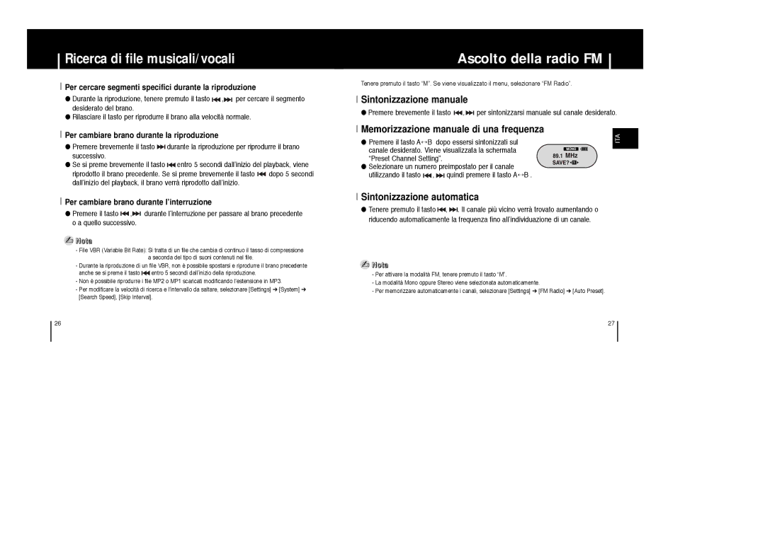 Samsung YP-F1XC/ELS, YP-F1ZW/ELS Ascolto della radio FM, Ricerca di file musicali/vocali, Sintonizzazione manuale 