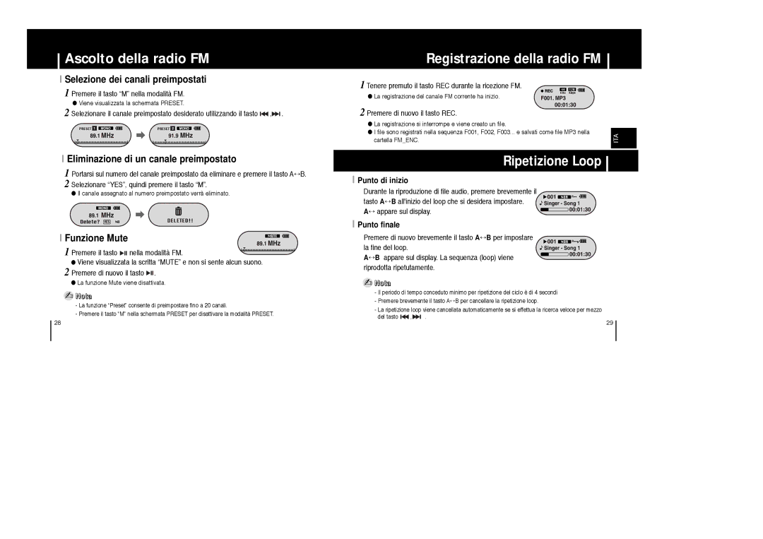 Samsung YP-F1ZB/ELS manual Registrazione della radio FM, Ripetizione Loop, Selezione dei canali preimpostati, Funzione Mute 