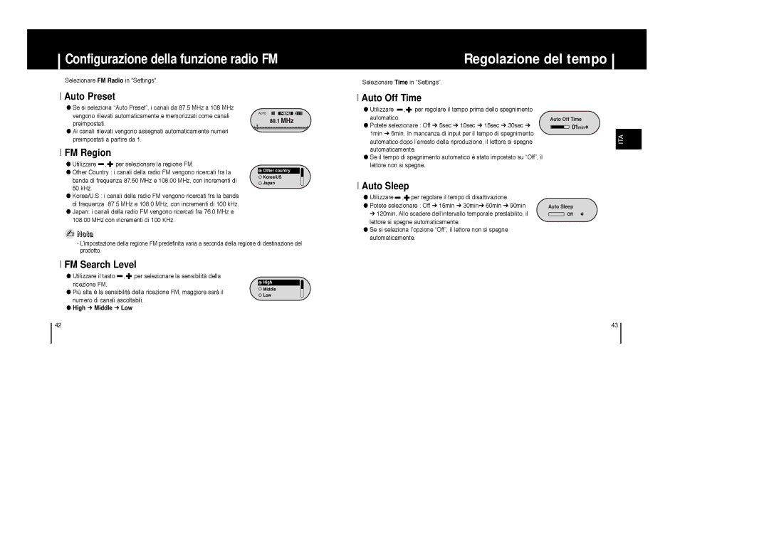 Samsung YP-F1XC/ELS, YP-F1ZW/ELS, YP-F1XB/ELS, YP-F1ZB/ELS manual Regolazione del tempo 