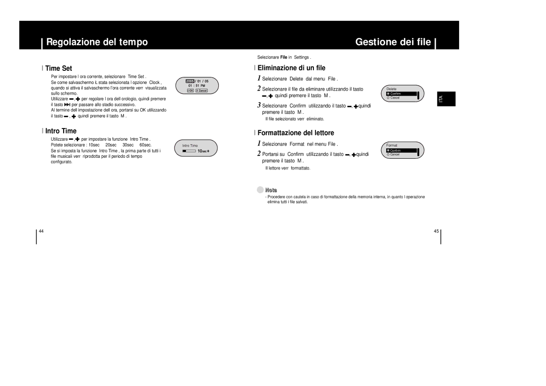 Samsung YP-F1ZB/ELS manual Gestione dei file, Time Set, Eliminazione di un file, Intro Time Formattazione del lettore 