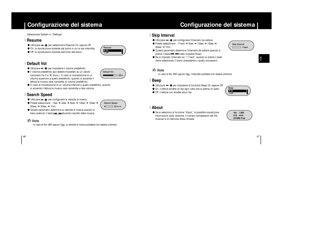 Samsung YP-F1ZW/ELS, YP-F1XB/ELS, YP-F1XC/ELS, YP-F1ZB/ELS manual Configurazione del sistema 