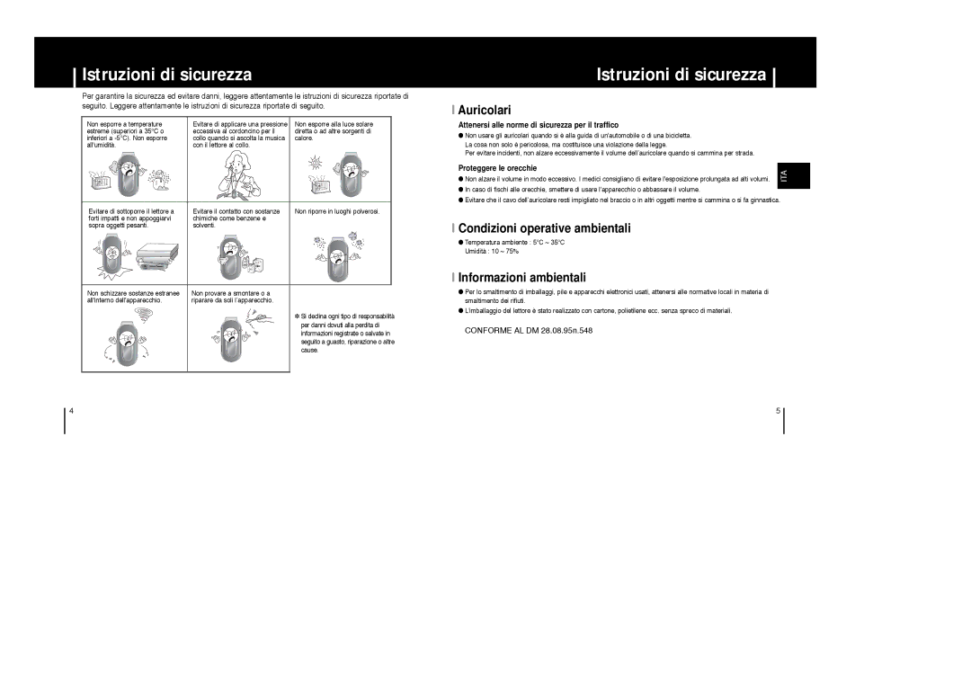 Samsung YP-F1ZB/ELS manual Istruzioni di sicurezza, Auricolari, Condizioni operative ambientali, Informazioni ambientali 