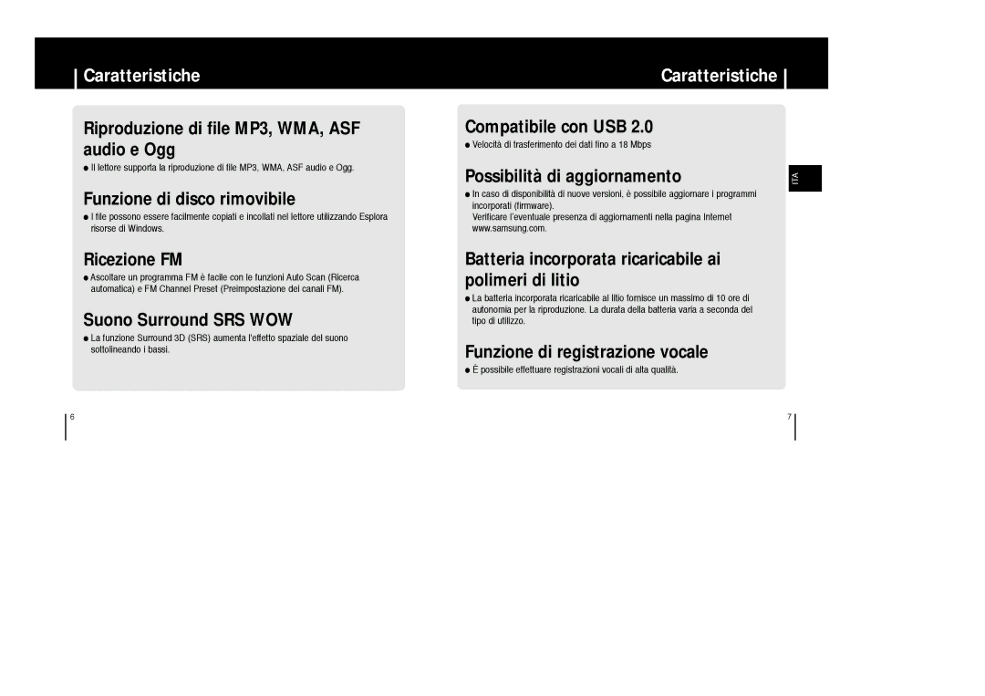 Samsung YP-F1ZW/ELS manual Caratteristiche, Possibilità di aggiornamento, Velocità di trasferimento dei dati fino a 18 Mbps 