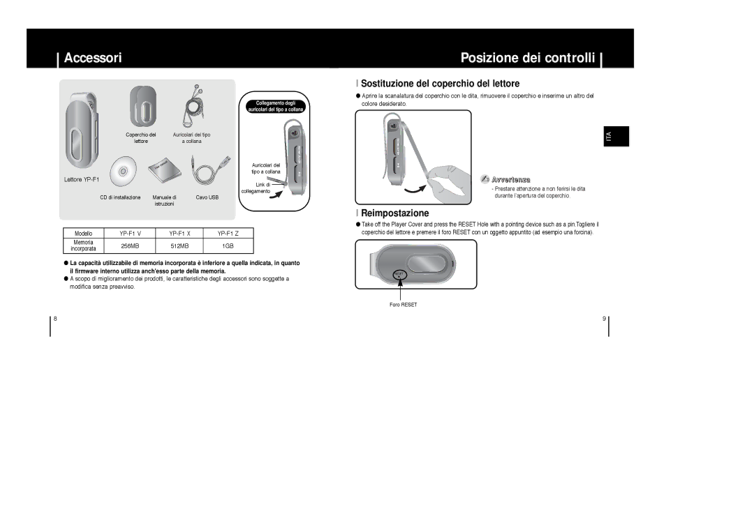 Samsung YP-F1XB/ELS manual Accessori, Posizione dei controlli, Sostituzione del coperchio del lettore, Reimpostazione 