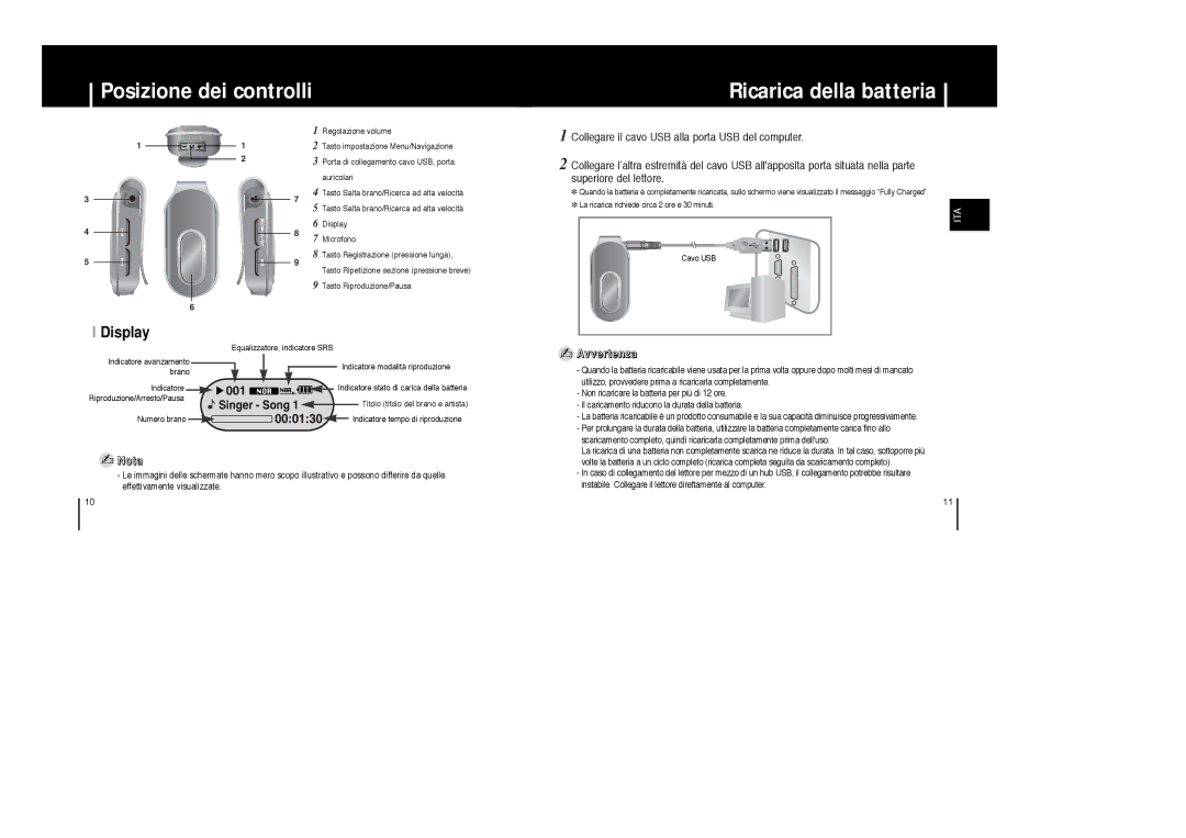 Samsung YP-F1XC/ELS, YP-F1ZW/ELS, YP-F1XB/ELS Posizione dei controlli Ricarica della batteria, Display, Nota, Avvertenza 