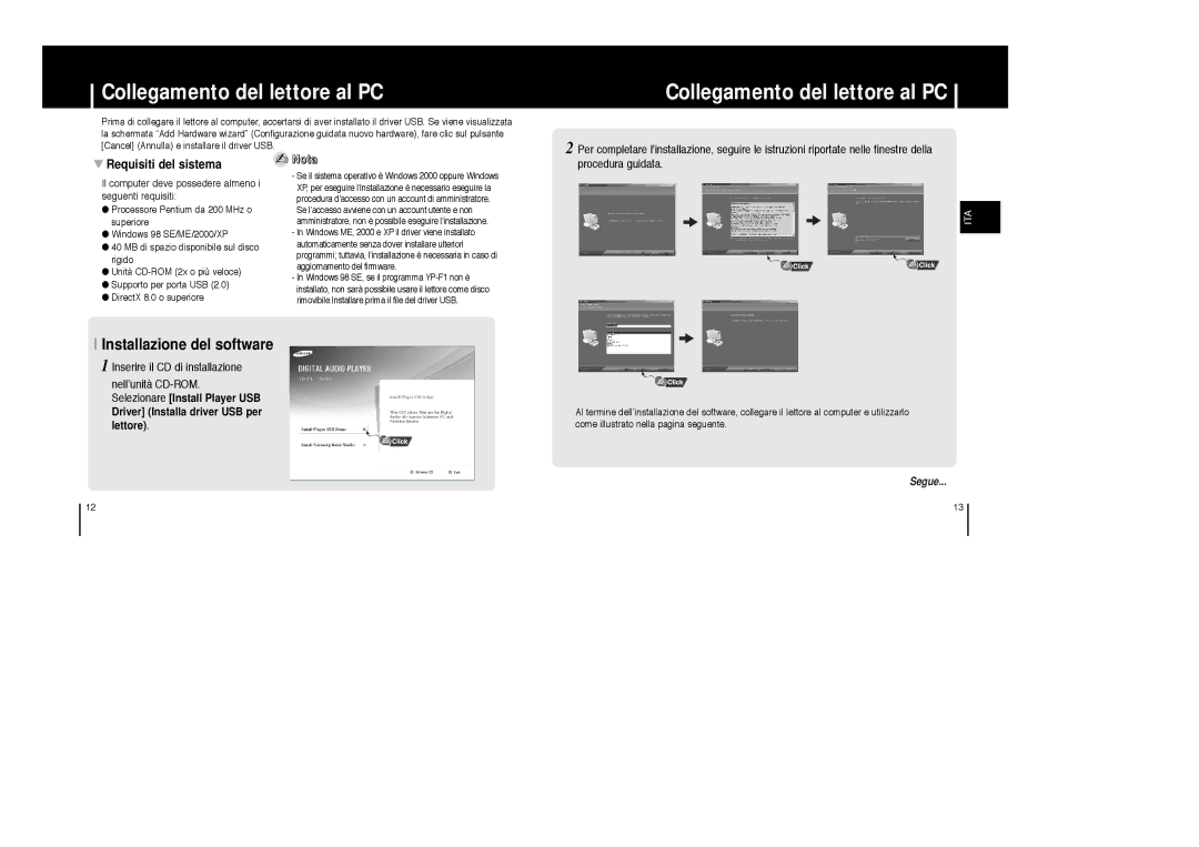 Samsung YP-F1ZB/ELS, YP-F1ZW/ELS, YP-F1XB/ELS Collegamento del lettore al PC, Installazione del software, Procedura guidata 