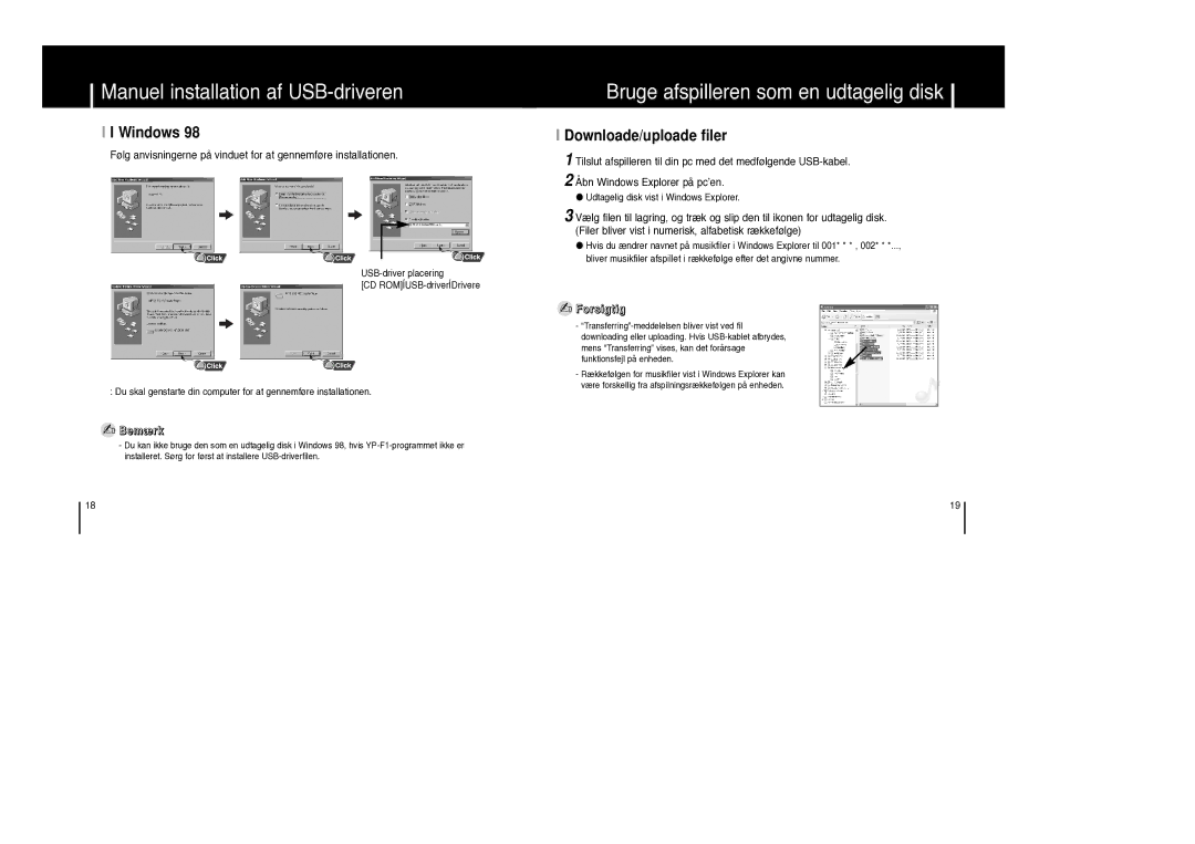 Samsung YP-F1ZW/ELS, YP-F1XB/ELS manual Bruge afspilleren som en udtagelig disk, Windows, Downloade/uploade filer, Forsigtig 