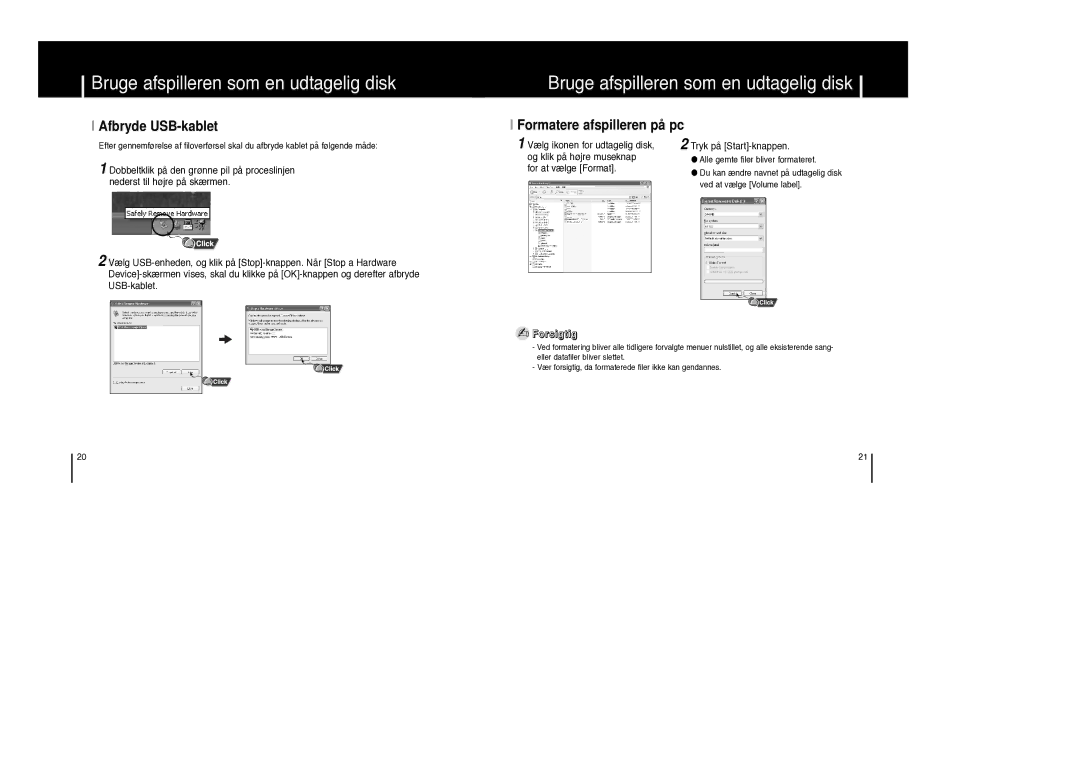 Samsung YP-F1XB/ELS, YP-F1ZW/ELS manual Afbryde USB-kablet, Formatere afspilleren på pc, Tryk på Start-knappen 