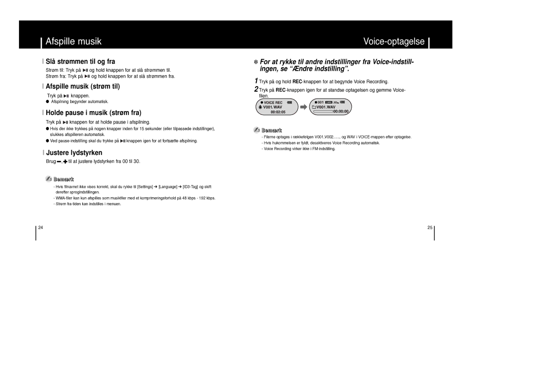 Samsung YP-F1XB/ELS, YP-F1ZW/ELS manual Afspille musik, Voice-optagelse 