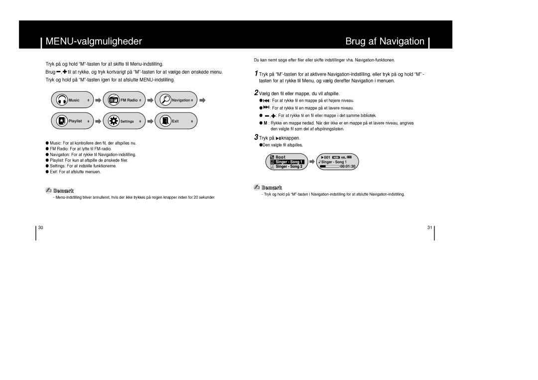 Samsung YP-F1ZW/ELS, YP-F1XB/ELS manual MENU-valgmuligheder, Brug af Navigation, Vælg den fil eller mappe, du vil afspille 