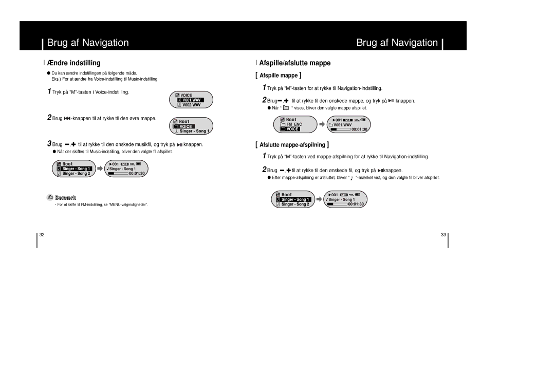 Samsung YP-F1XB/ELS, YP-F1ZW/ELS manual Ændre indstilling, Afspille/afslutte mappe Afspille mappe 