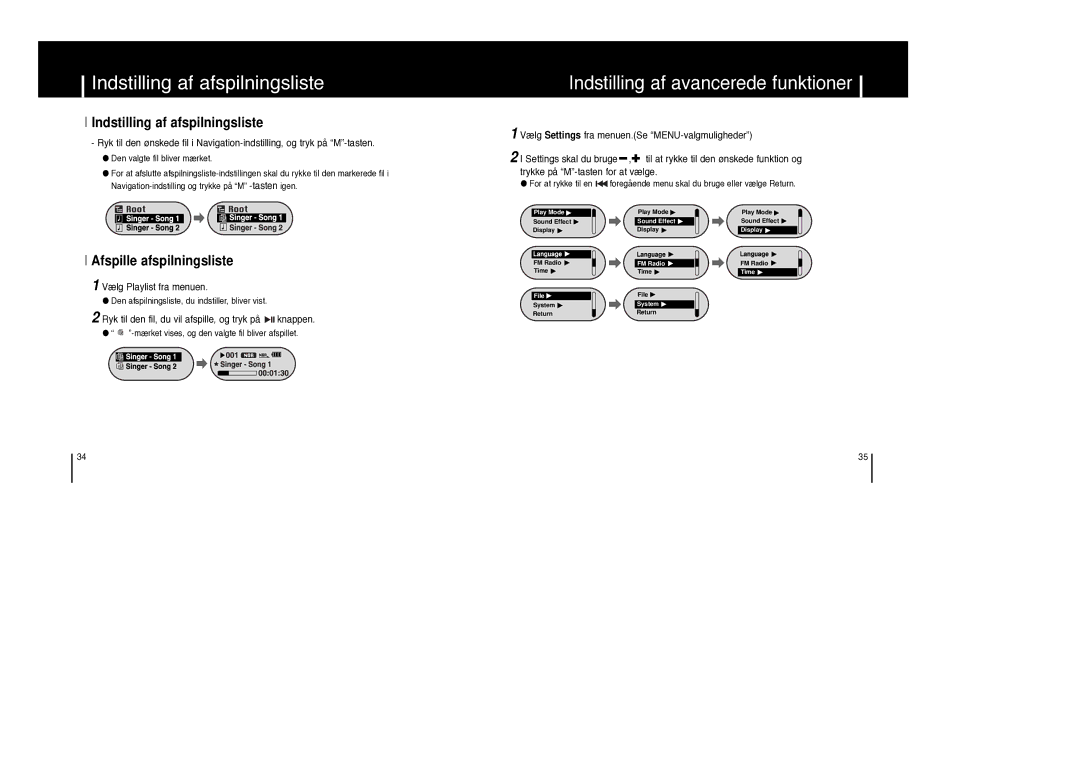 Samsung YP-F1ZW/ELS manual Indstilling af afspilningsliste, Indstilling af avancerede funktioner, Afspille afspilningsliste 