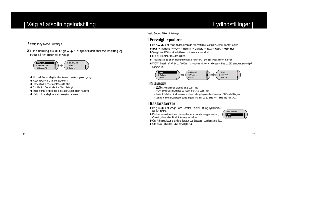 Samsung YP-F1XB/ELS, YP-F1ZW/ELS manual Valg af afspilningsindstilling, Lydindstillinger, Forvalgt equalizer, Basforstærker 