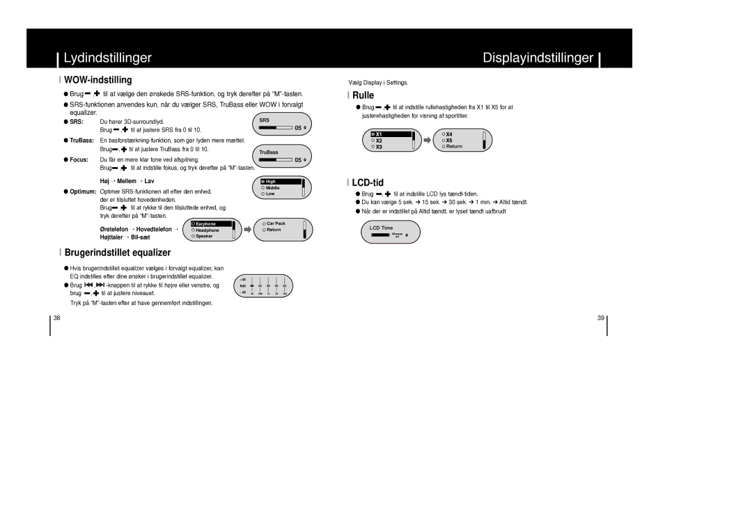 Samsung YP-F1ZW/ELS, YP-F1XB/ELS manual Displayindstillinger, WOW-indstilling, Rulle, LCD-tid, Brugerindstillet equalizer 