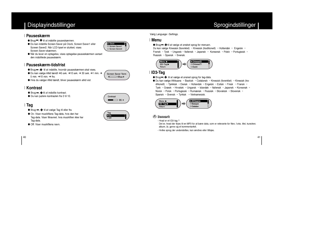 Samsung YP-F1XB/ELS, YP-F1ZW/ELS manual Sprogindstillinger 