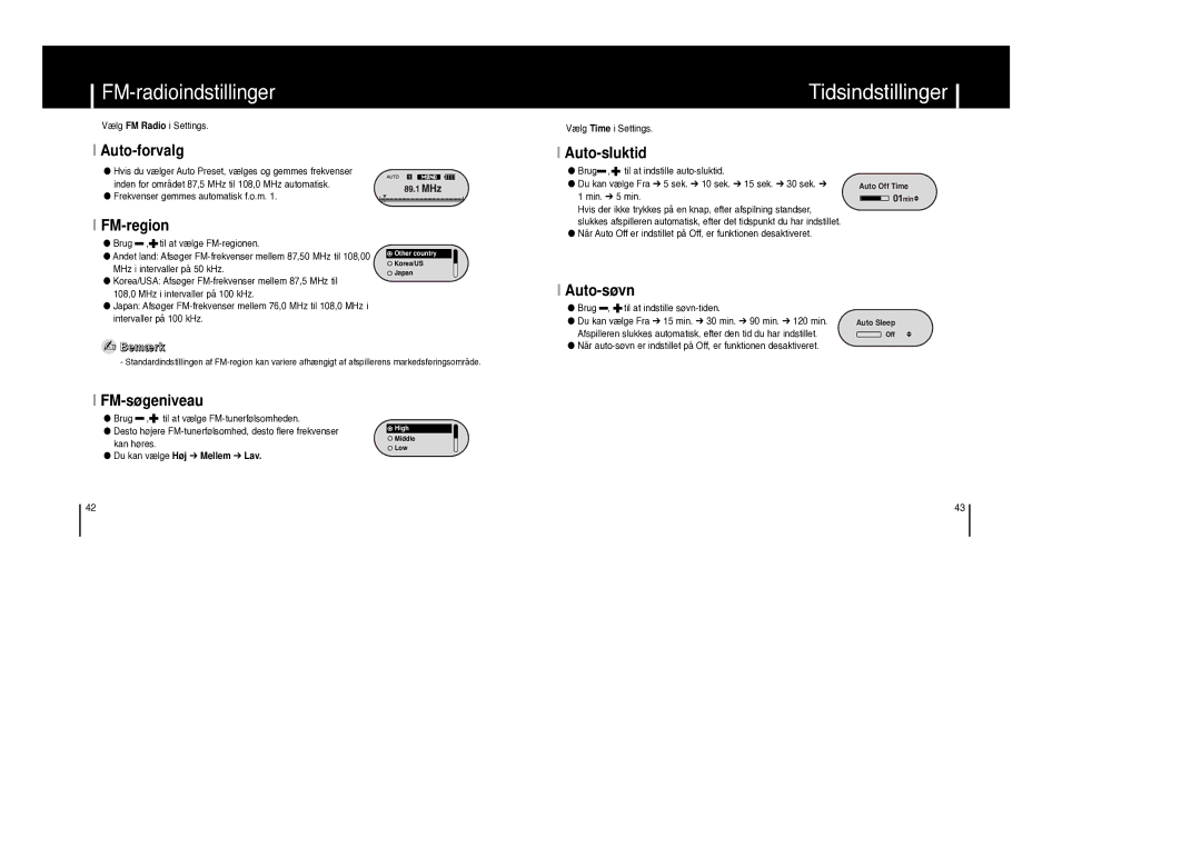 Samsung YP-F1ZW/ELS, YP-F1XB/ELS manual Tidsindstillinger, FM-radioindstillinger 