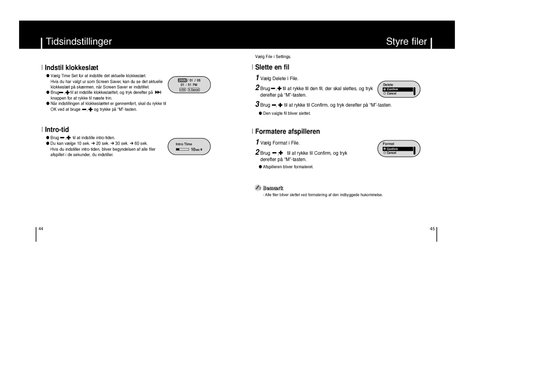 Samsung YP-F1XB/ELS, YP-F1ZW/ELS manual Tidsindstillinger, Styre filer 