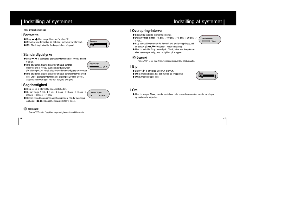 Samsung YP-F1ZW/ELS, YP-F1XB/ELS manual Indstilling af systemet 