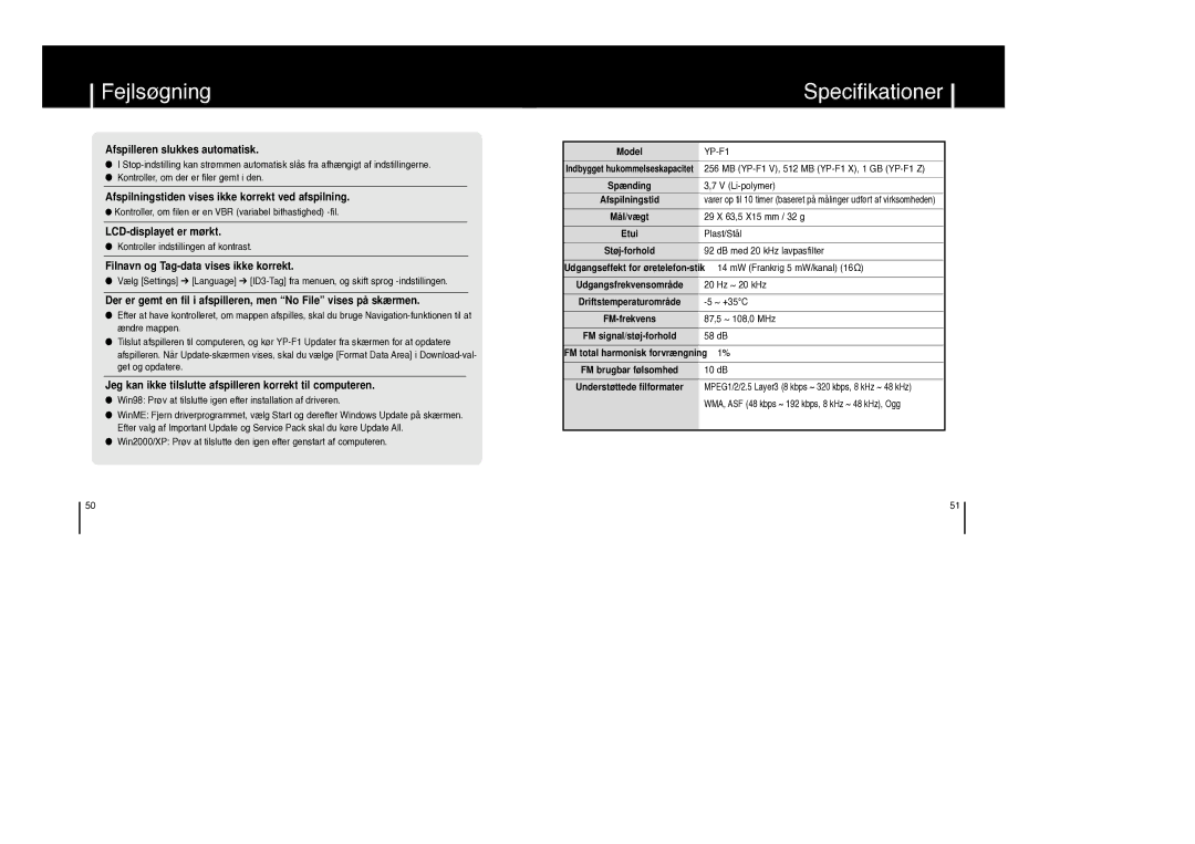 Samsung YP-F1ZW/ELS, YP-F1XB/ELS manual Specifikationer 