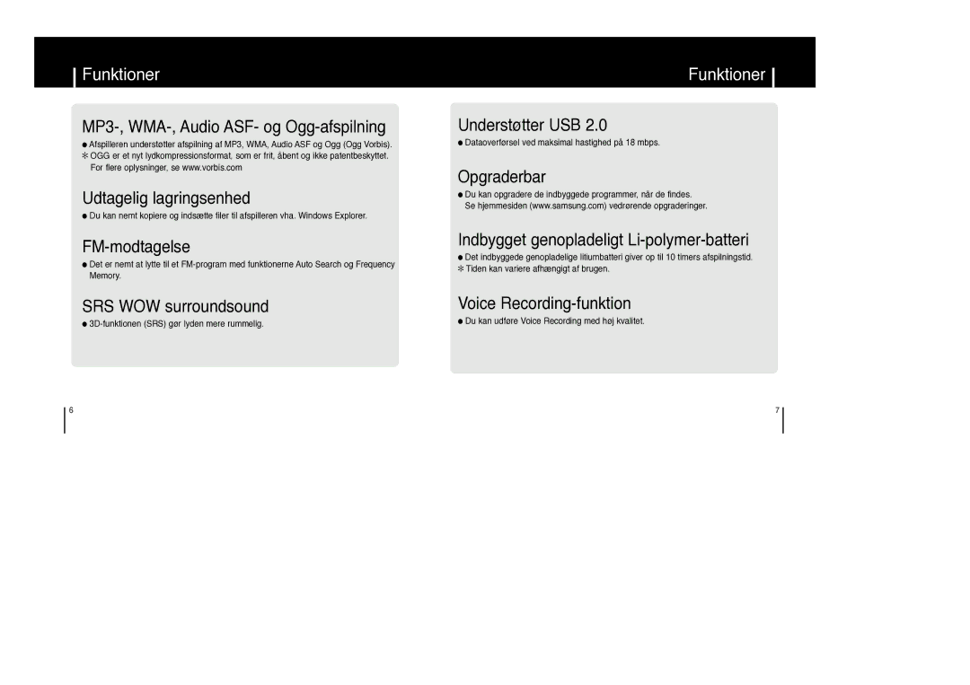 Samsung YP-F1ZW/ELS Funktioner, 3D-funktionen SRS gør lyden mere rummelig, Du kan udføre Voice Recording med høj kvalitet 