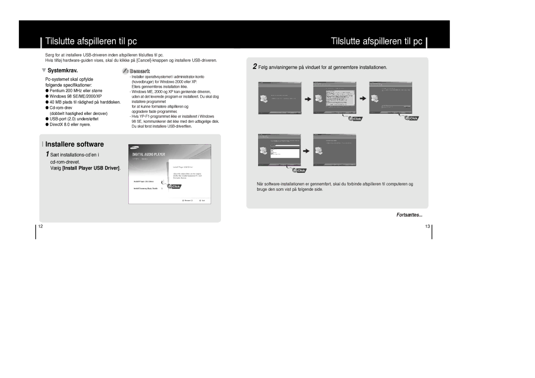 Samsung YP-F1XB/ELS, YP-F1ZW/ELS manual Tilslutte afspilleren til pc, Vælg Install Player USB Driver 