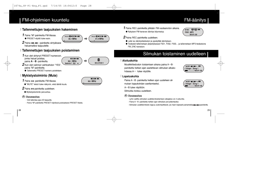 Samsung YP-F1XB/ELS, YP-F1ZW/ELS manual FM-äänitys, Silmukan toistaminen uudelleen, Tallennettujen taajuuksien hakeminen 