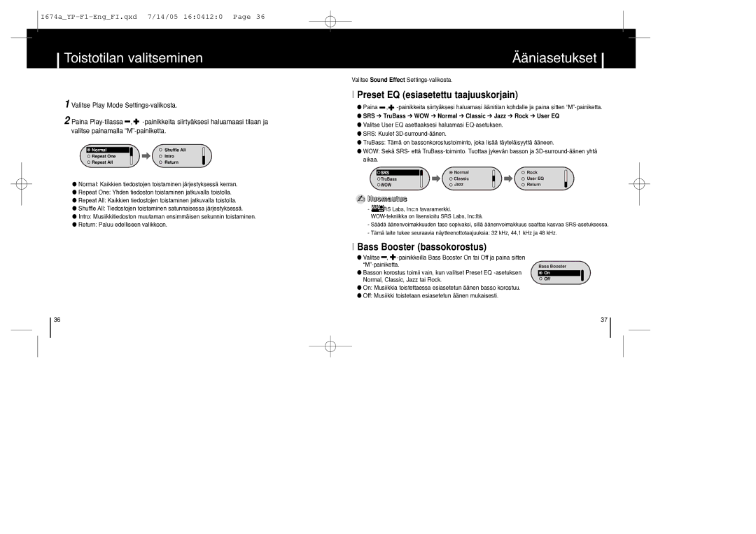 Samsung YP-F1XB/ELS, YP-F1ZW/ELS manual Toistotilan valitseminen, Ääniasetukset, Preset EQ esiasetettu taajuuskorjain 