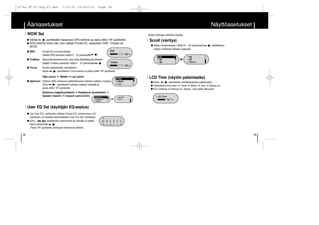 Samsung YP-F1ZW/ELS, YP-F1XB/ELS manual Näyttöasetukset, WOW Set, User EQ Set käyttäjän EQ-asetus, Scroll vieritys 