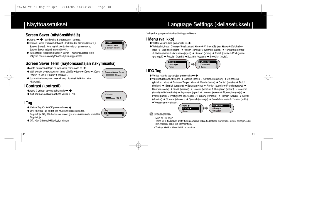 Samsung YP-F1XB/ELS, YP-F1ZW/ELS manual Language Settings kieliasetukset 