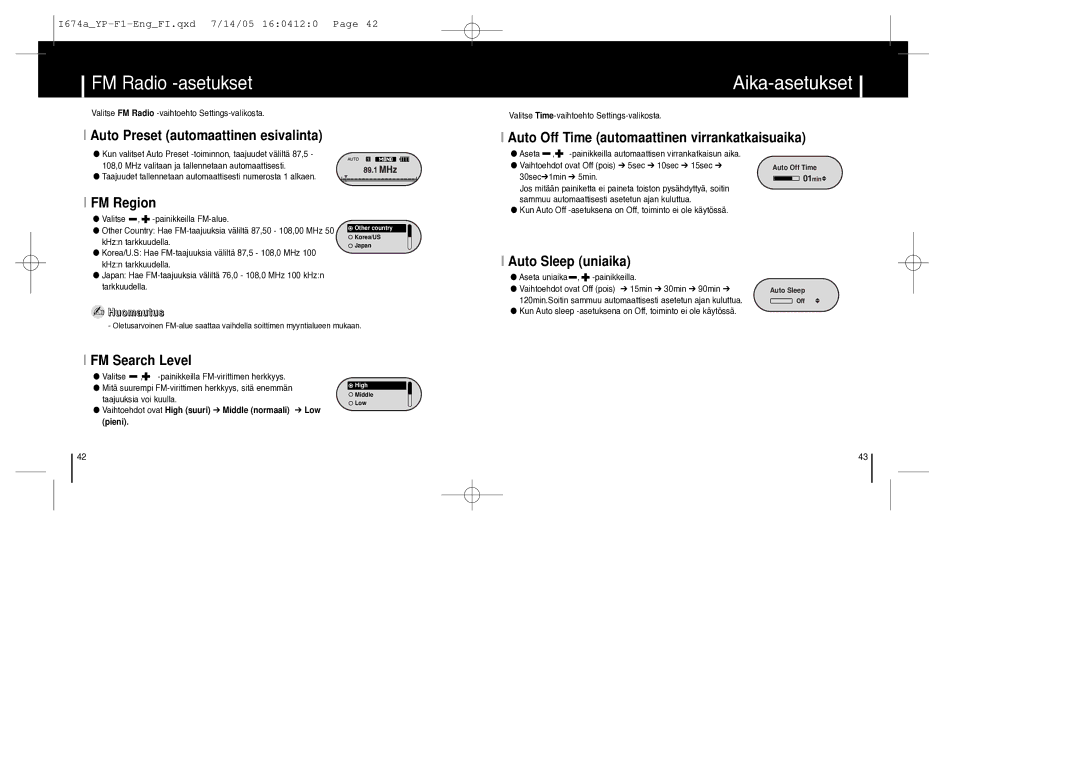 Samsung YP-F1ZW/ELS, YP-F1XB/ELS manual Aika-asetukset, FM Radio -asetukset 