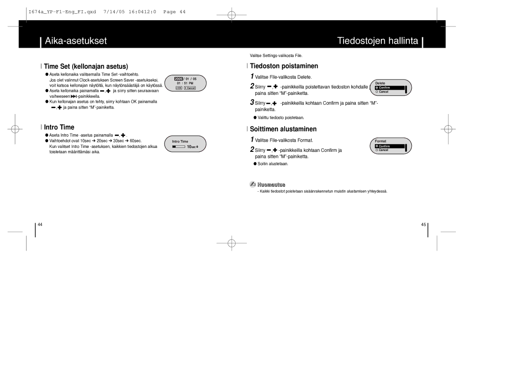 Samsung YP-F1XB/ELS, YP-F1ZW/ELS manual Aika-asetukset, Tiedostojen hallinta 