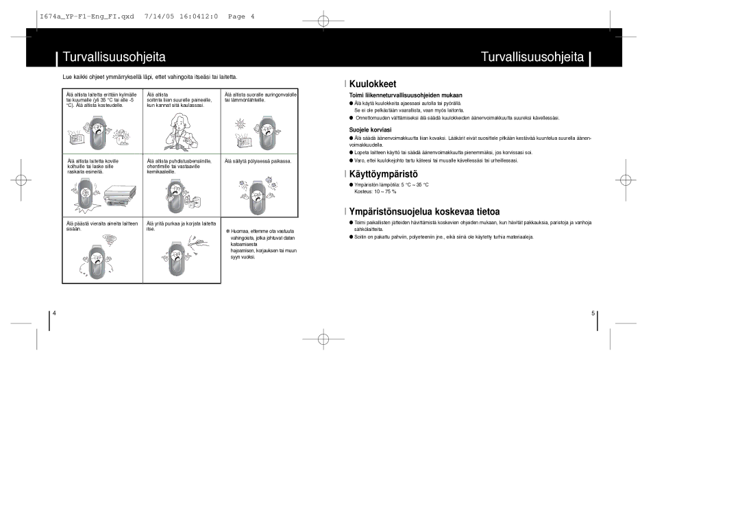 Samsung YP-F1XB/ELS, YP-F1ZW/ELS manual Turvallisuusohjeita, Kuulokkeet, Käyttöympäristö, Ympäristönsuojelua koskevaa tietoa 